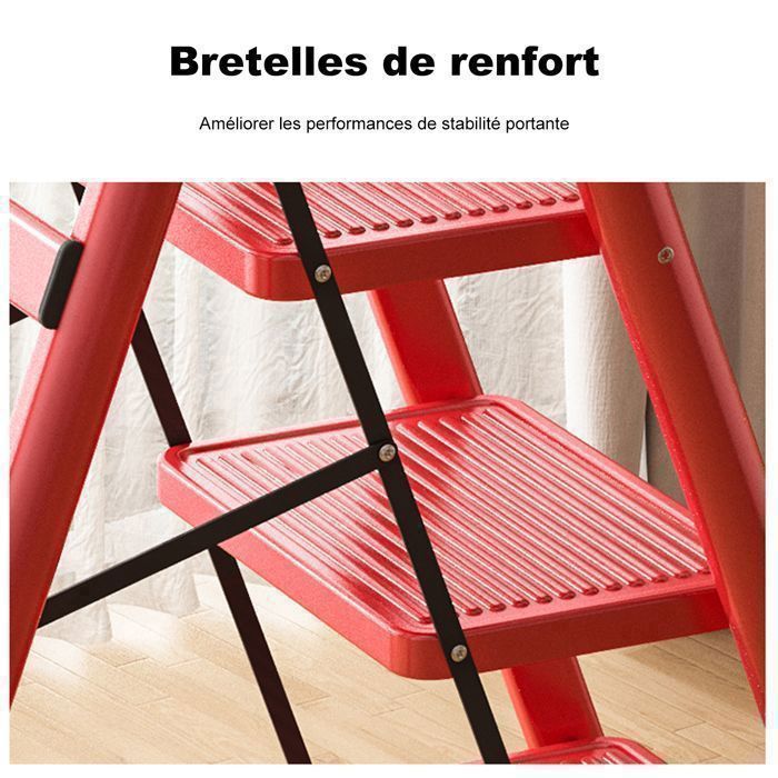 Taburete plegable Seven Comfort de 4 peldaños con pedal antideslizante - Capacidad de carga de 150 kg - Acero - Rojo