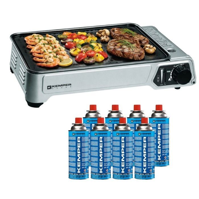 Plancha de gas portátil KEMPER de 2300 W + 8 cartuchos de gas + estuche de transporte para cocinar al aire libre, acampar, en el patio y hacer barbacoas.
