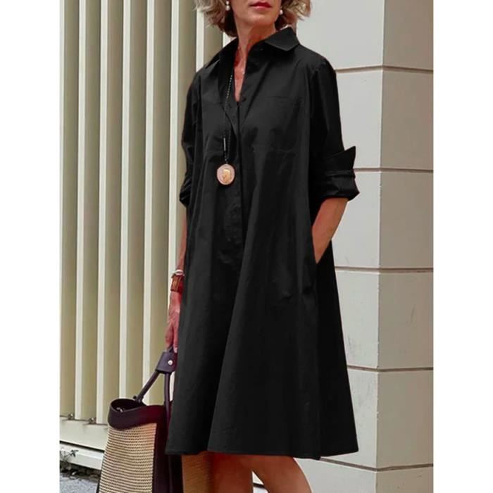 Vestido camisero sencillo e informal de color liso para mujer, con mangas largas, cuello vuelto, bolsillo elegante, color negro.