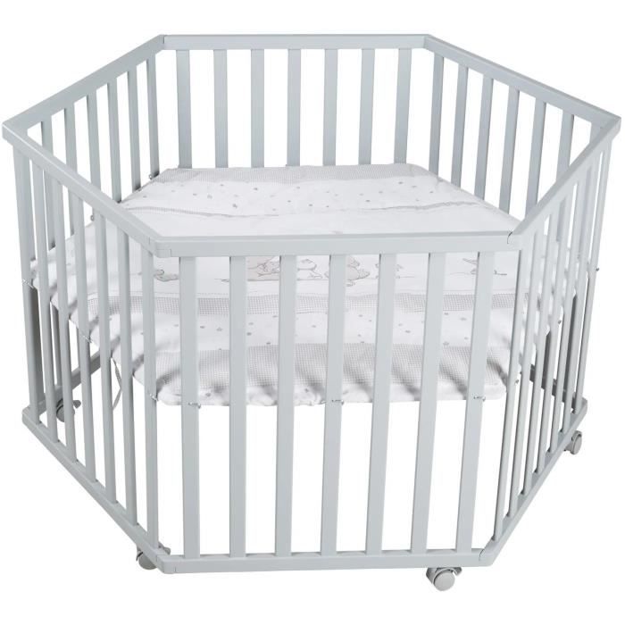Parque infantil hexagonal convertible ROBA - STERNENZAUBER - Funda acolchada - Estampado de elefantes - 6 ruedas con freno - Madera lacada en gris