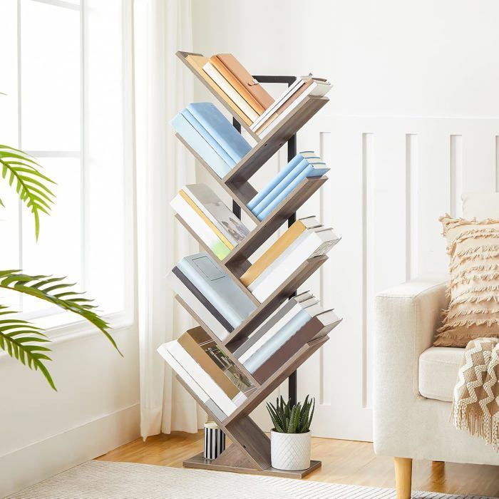 HOOBRO 9-laags boekenplank op poten, boomvormige plank, opbergmeubel voor woonkamer, kantoor, decoratief, grijsbeige