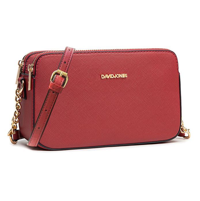 David Jones - Borsa a tracolla piccola da donna - Borsa a spalla in ecopelle con tracolla a catena e 3 scomparti - Borsa multi-tasca - Rossa
