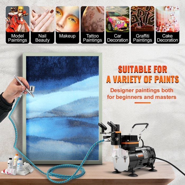 Airbrush Compressor - VEVOR - Complete Dual Action Airbrush Kit for Nails and Tattoos