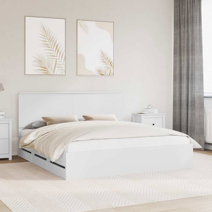 Estructura de cama con cajón - vidaXL - Blanca - 180x200 cm - Madera de ingeniería - Diseño moderno - Almacenamiento integrado