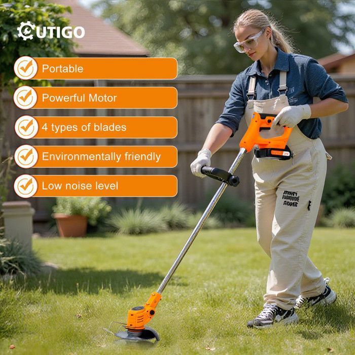 OUTIGO Cordless Electric Brush Cutter - Cordless Lawn Mower - 4 Blade Types - 2 x 21V Batteries - Foldable