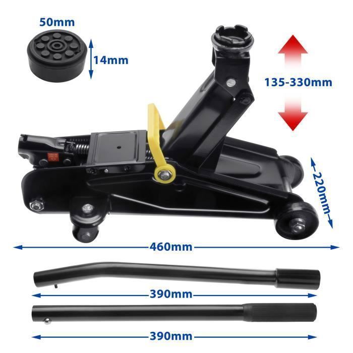 Gato hidráulico de 2 toneladas, altura de elevación de 135-330 mm, incluye maletín de transporte, asa, almohadilla de goma, gato elevador para coches y vehículos.