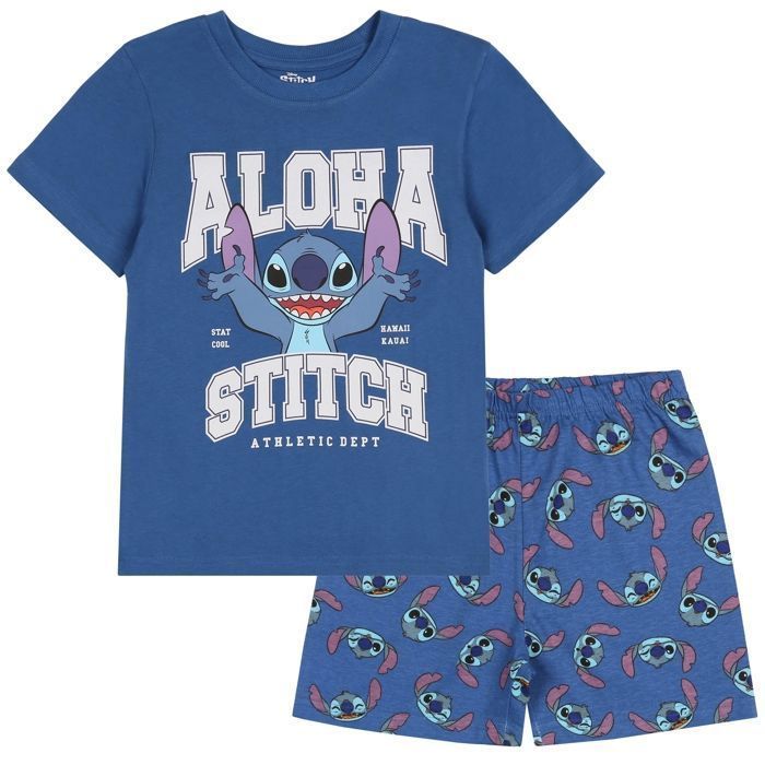 Pijama de dos piezas de algodón con manga corta de Disney Stitch para niño, ideal para el verano, 116 cm.