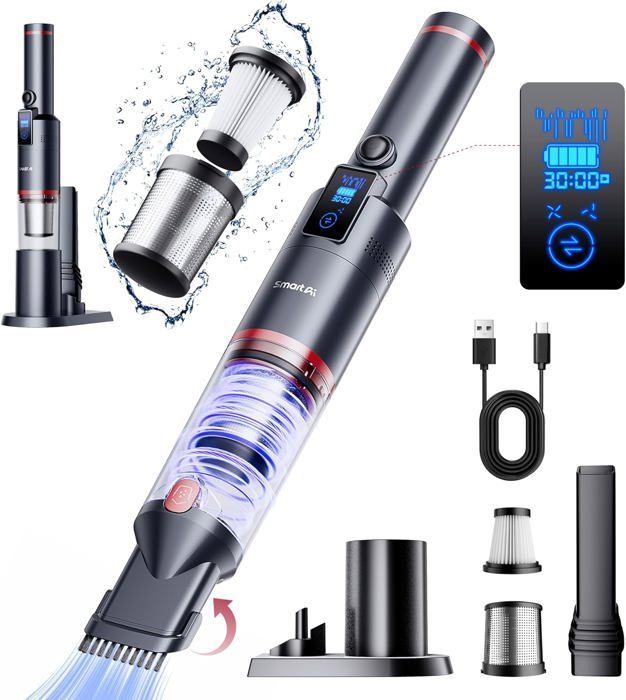 Rechargeable Cordless Handheld Vacuum Cleaner - SmartAI H5 - 145W/17000Pa - Up to 30 Mins - LED Display - Car, Home, Pet Hair
