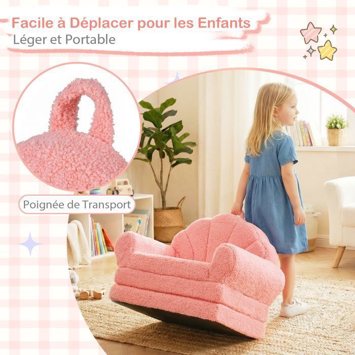 Canapé pour Enfants Pliable COSTWAY Convertible 2-en-1 avec Motifs de Coquillages, Poignée Légère, Base Anti-Dérapante, Rose