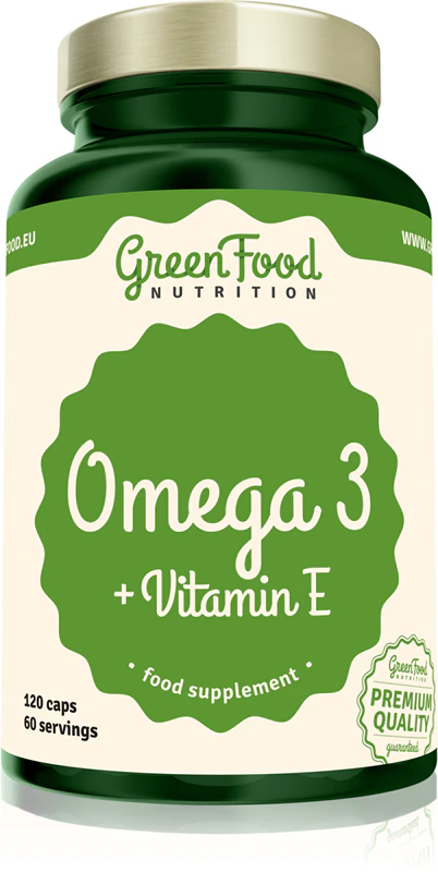 Cápsulas de suplemento alimentar GreenFood Nutrition Ômega 3 + Vitamina E para o bom funcionamento do organismo.
