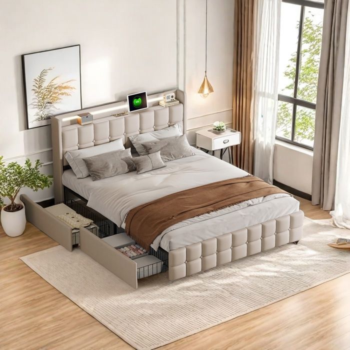 Cama de 140x200 cm con cajones, cama doble con almacenamiento, LED y carga USB, cama para adultos, estructura de cama con somier de láminas, color beige.