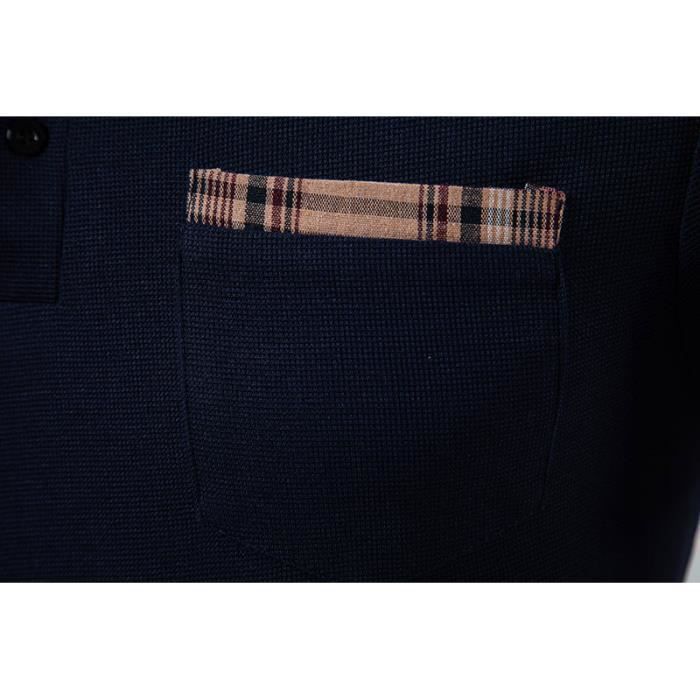 Polo de verano para hombre de color liso a cuadros con bolsillo en el pecho - Azul marino