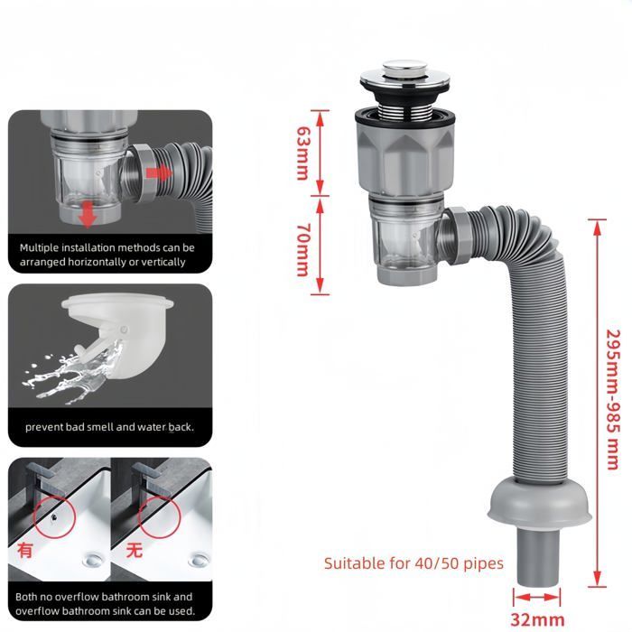 Bathroom sink drain kit with flexible and extendable anti-odor P-trap (bouncing style)