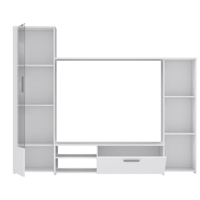 PILVI TV unit with wall panel - Melamine particleboard - Matte white finish - Glass door + 1 drop-down door + 5 shelves - W220 x D41 x H177.5 cm