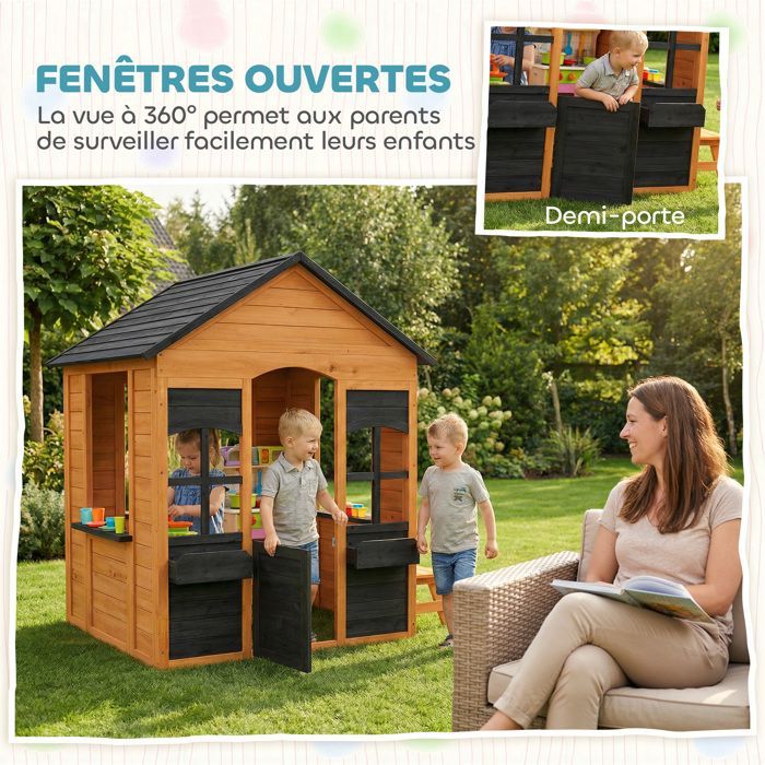 Cabane enfant extérieur en bois, maison enfant extérieure, demi-porte, fenêtres, bacs à fleurs, 3-8 ans, marron clair