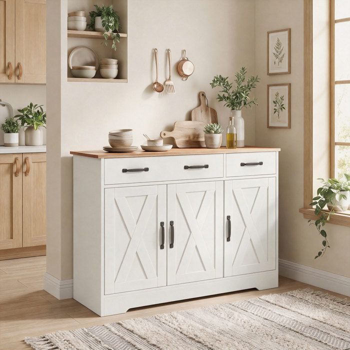 Aparador de cocina - HOMCOM - 3 puertas correderas y 2 cajones - Soporte para TV de hasta 50 pulgadas - Madera - 108x40x81cm - Blanco