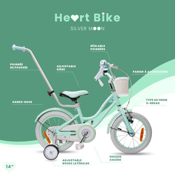 Kinderfiets - Hartfiets - 14 inch wielen - Leeftijd 3 tot 5 jaar - Mandje - Bel - Spatborden - Silver Moon Mint