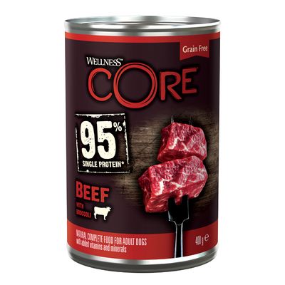 Alimento umido per cani Wellness Core Adult con manzo e broccoli, composto al 95% da una sola proteina (manzo e broccoli).