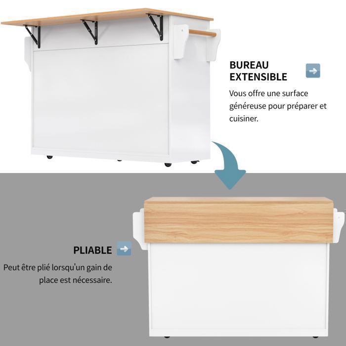 Desserte de cuisine avec Plateau Rabattable - Îlot Central Cuisine Mobile - 2 Grands Tiroirs - 2 Portes et Porte-Serviettes - Blanc