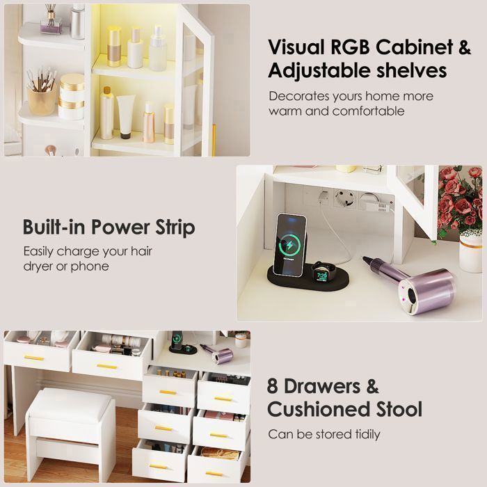 Coiffeuse avec Miroir et Tabouret, 2 Prises et Port USB, LED Réglable, 8 Tiroirs de Rangement, 1 Porte, Blanc