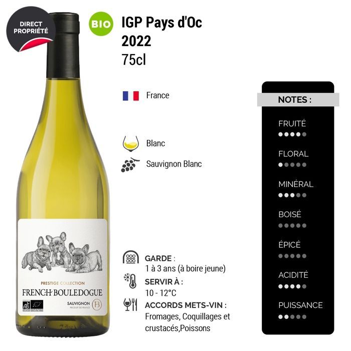 French Bouledogue Pays d'Oc Prestige Collection Sauvignon 2022 - Vin Blanc du Languedoc - Roussillon (6x75cl) BIO