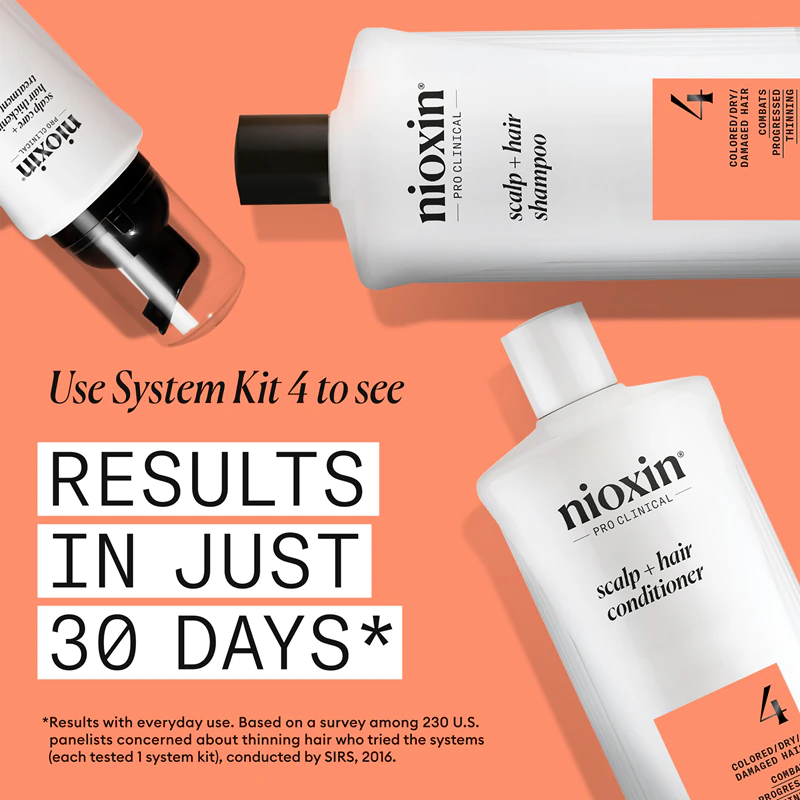 Nioxin System 4 Scalp + Hair Shampoo, um shampoo suave para cabelos coloridos e danificados.