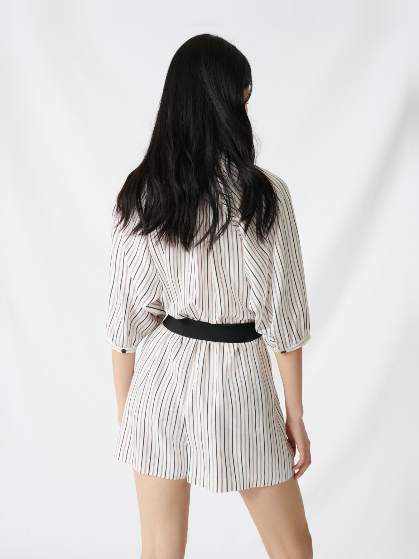 Korte gestreepte jumpsuit met riem - Gebroken wit
