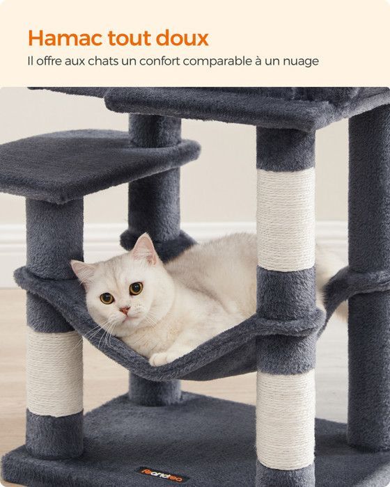 Feandrea Cat Tree, 112 cm High, with 4 Scratching Posts, 2 Platforms, 1 Hideaway, 1 Hammock, 2 Pom-poms, Multi-Level, Grey