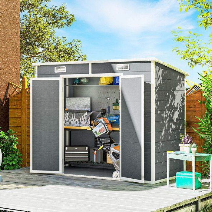 Caseta de jardín exterior - Outsunny - 2,4 x 1,3 m - con suelo - ventana - puertas con cerradura y ventilación - gris
