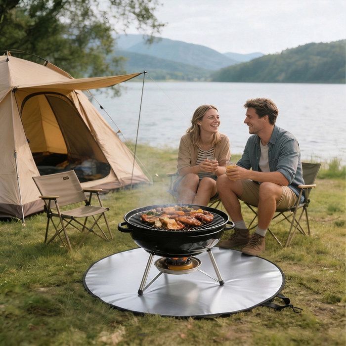 Tapis ignifuge Relaxdays, rond, Ø 100 cm, pour barbecue & brasero, 5 couches, noir/argent