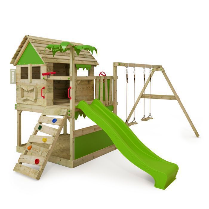 FATMOOSE TikaTaka Town XXL wooden play tower with 220cm slide, apple tree, and integrated sandpit – 10-year guarantee*
