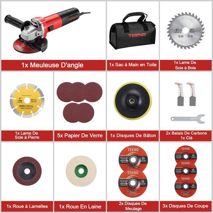 Meuleuse d'angle - TEENO - 1000W - Disque 125 mm - 2000-12000 trs/min - Moteur tout cuivre