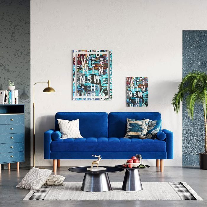 Canapé 2 Places en Velours Bleu 148 x 78 x 85 cm,Canapé Scandinave avec 2 coussins pour le salon,Fauteuil Capitonné,Pieds en bois
