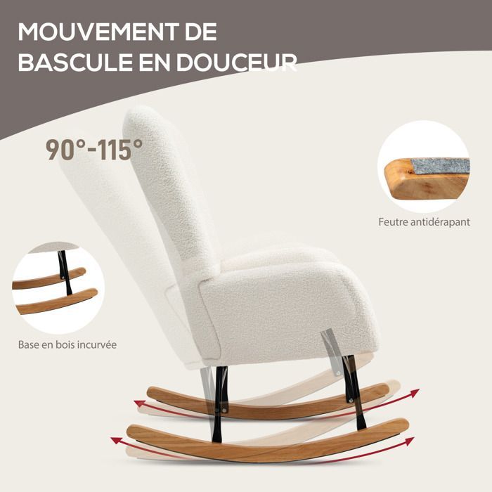 Mecedora - HOMCOM - en tela bouclé efecto lana - patas de madera maciza de caucho - para dormitorio, sala de estar - color crema