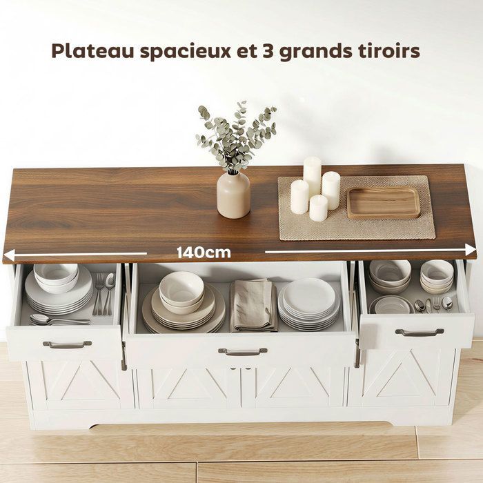 Aparador de cocina - HOMCOM - 4 puertas correderas, 3 cajones y estantes ajustables - madera - 140 x 40 x 81 cm - blanco