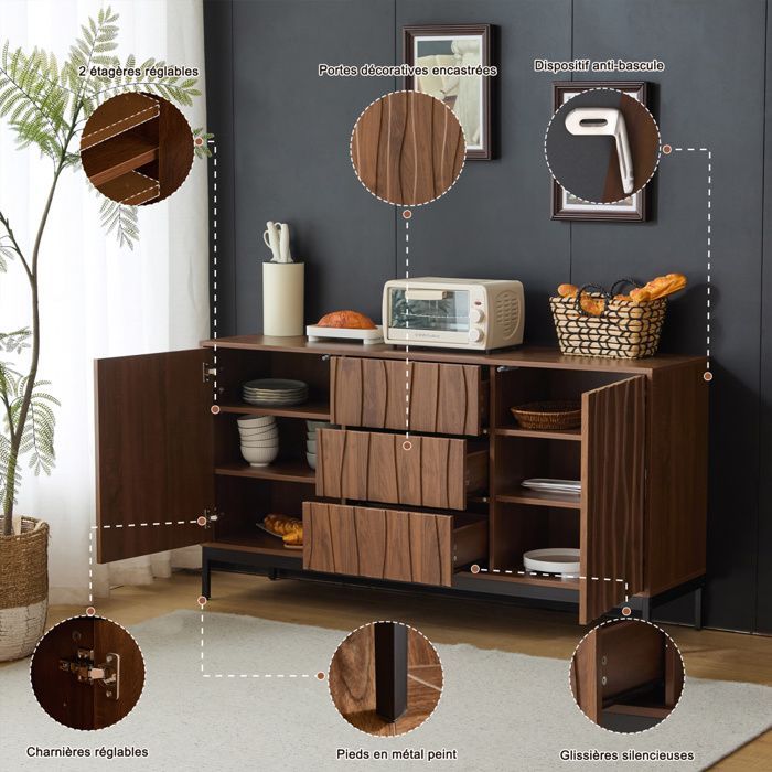 POCKETPOP Buffet avec 3 tiroirs - 2 portes - buffet de cuisine - L/H/P : 150 x 80 x 40 cm - Marron foncé
