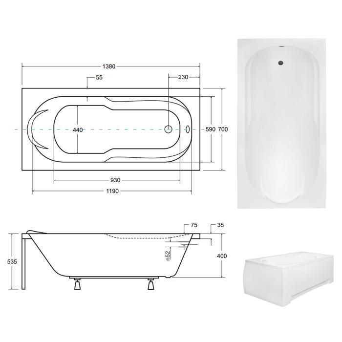 Baignoire Rectangulaire 140x70 + appui-tête, Siphon de bain et pieds 4en1 - BONA