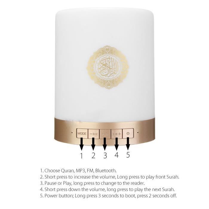 Altavoz Bluetooth portátil NEUFU con lámpara táctil del Corán, luz nocturna, tarjeta TF, FM, color dorado.