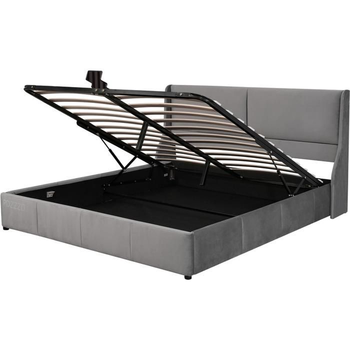 Tweepersoonsbed 180 x 200 cm, hoofdeinde met kussen, lattenbodem, hydraulisch verstelbaar bed, flanellen bekleding, grijs