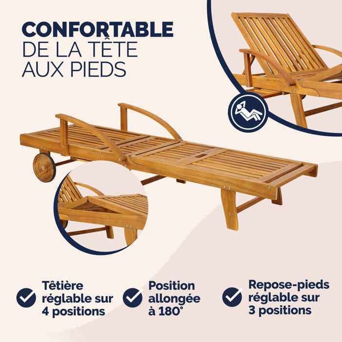 CASARIA® 2 tumbonas Tami Sun de madera de acacia con ruedas para tomar el sol en exteriores, jardín o terraza.