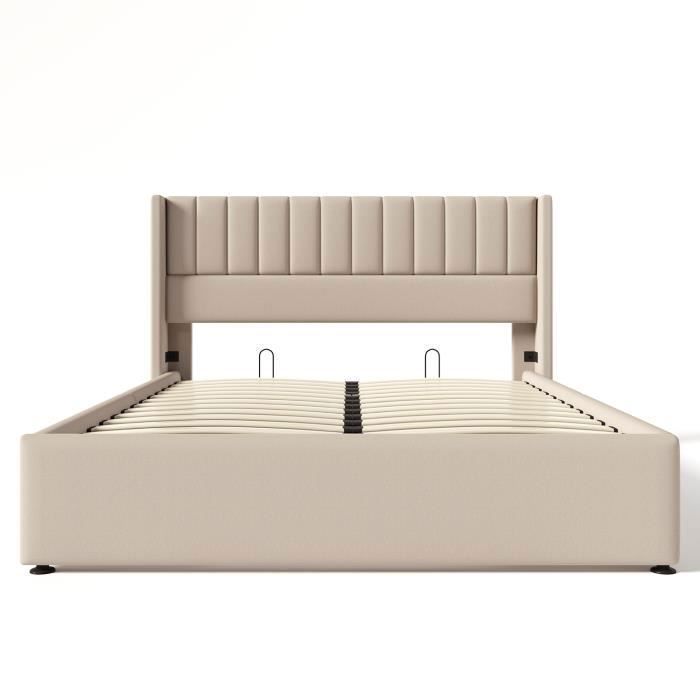 Cama doble de 160 x 200 cm. Cama con espacio de almacenamiento. Cama tapizada hidráulica con somier de láminas - SWEIKO - Lino beige.