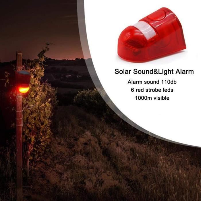 Allarme acustico e visivo ad energia solare con rilevatore di movimento, sirena da 110 decibel, avviso acustico e lampeggiante, e sistema a 6 LED.