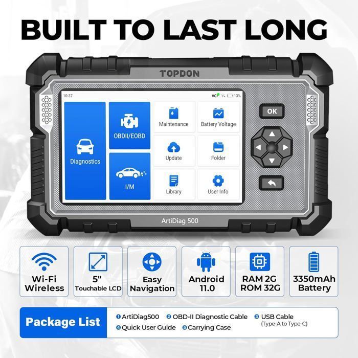 TOPDON ArtiDiag500 Outil de Diagnostic Auto OBD2 Scanner pour Moteur Transmission ABS SRS Lecteur de Code AutoVIN en français