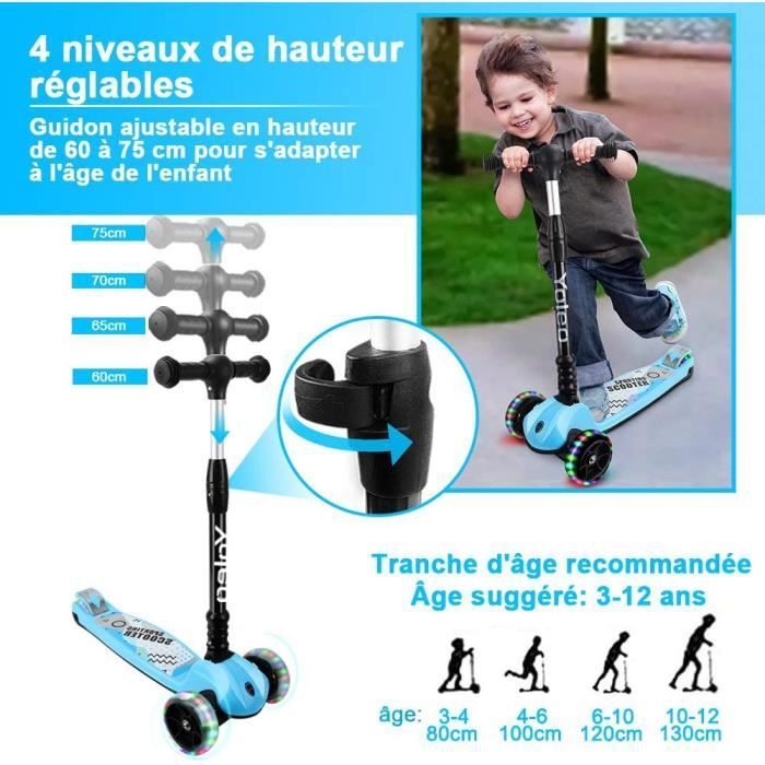 Patinete infantil - YOLEO - Dobrável com 3 rodas - Altura ajustável de 61 a 81 cm - Antiderrapante - Rodas com LED