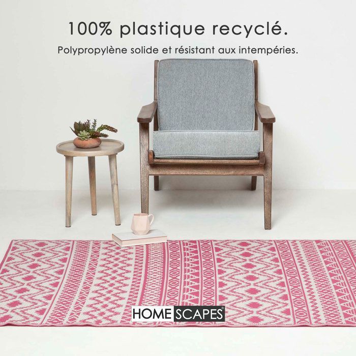 Tapis extérieur jardin imperméable, réversible et résistant UV - Tia - 180x270 cm - Rose - Matériaux recyclés - Homescapes