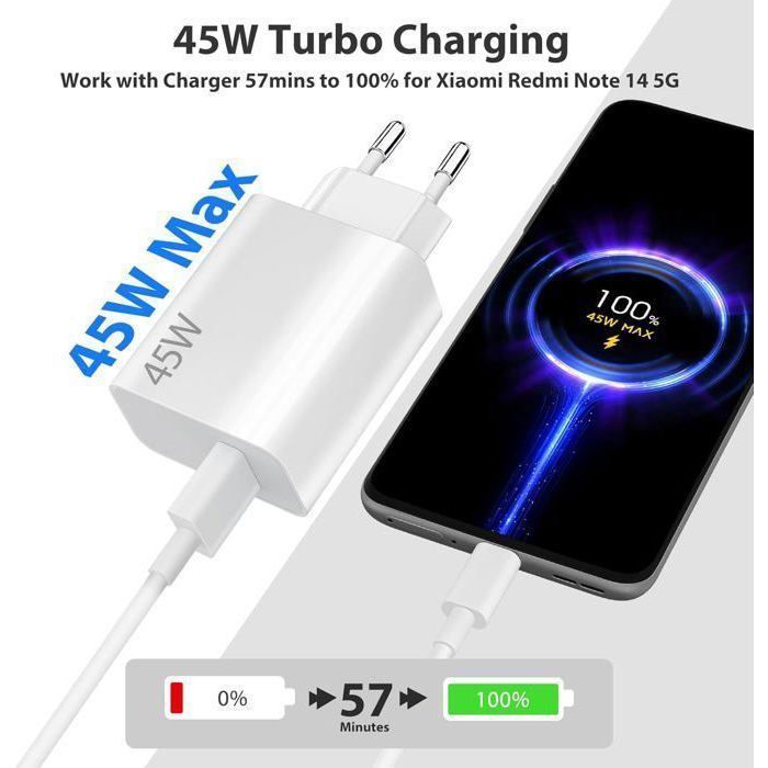 45W snellader met 1 meter USB-C-kabel voor Xiaomi Redmi Note 14 5G en 14 Pro, snellader voor Xiaomi iPad 6 en 5 en Redmi iPad Pro