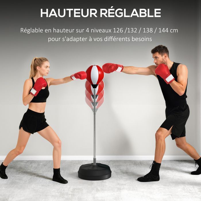 Saco de boxeo independiente HOMCOM, altura ajustable de 126 a 144 cm, con guantes, bomba y base lastrada, color rojo.