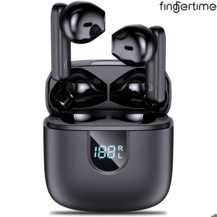 FINGERTIME Wireless Bluetooth 5.3 Earbuds with 48-Hour Battery Life, LED Display, Stereo Sound, IPX7 Waterproof, and Built-in Microphone, Black