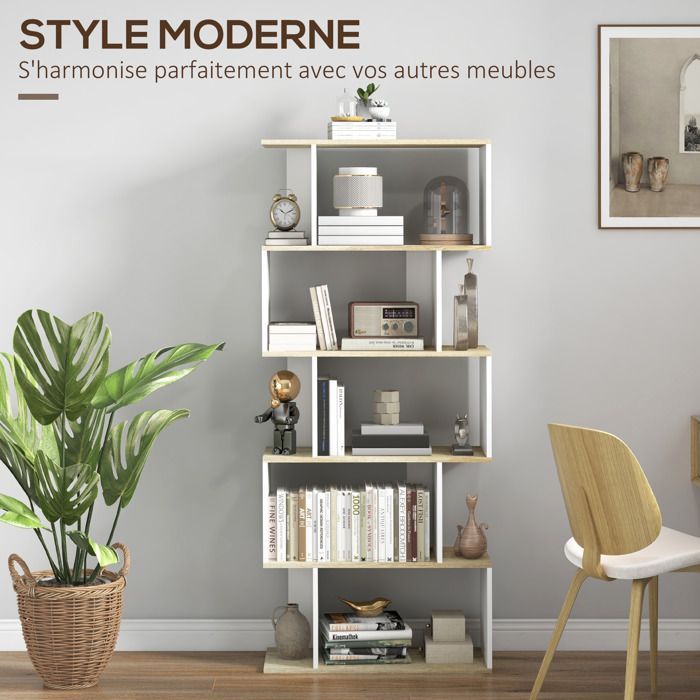Librería - HOMCOM - Mueble de almacenamiento antivuelco de 5 baldas - Capacidad de carga de 25 kg - 70 x 29,5 x 163 cm - Aspecto de madera blanca
