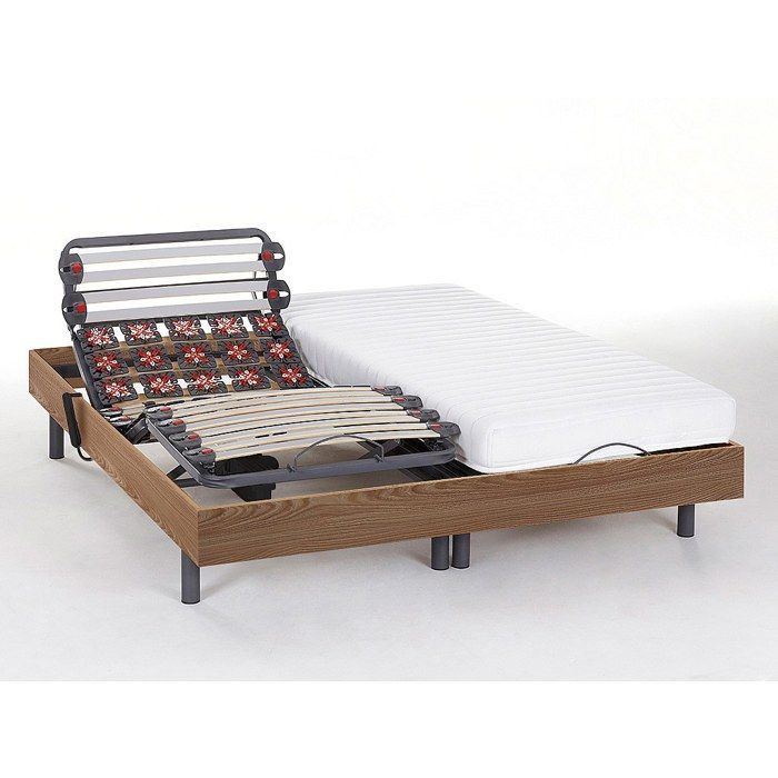 Cama eléctrica de relajación con somier de láminas y muelles + colchón de látex confort - 2 x 80 x 200 cm - Roble - PANDORA II de YSMÉE